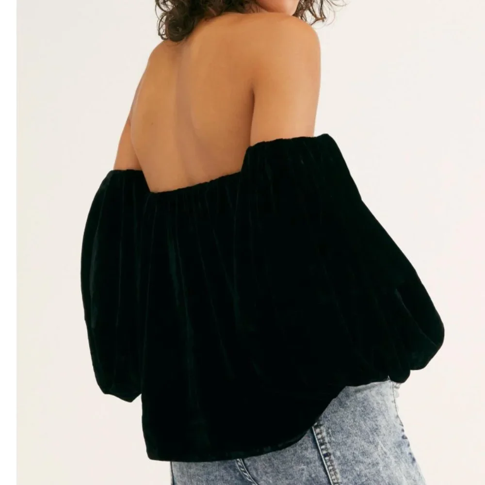 Free People Black Off-Shoulder Velvet Peasant Top